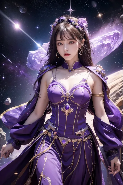 best quality, high quality, cinematic, hkmagic, purple holy knight floating in space, there are asteroids and other planetary bo...