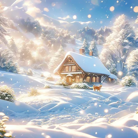 snow scene，snow，cat（（（romantic atmosphere）））（（（fairy tale elements）））（（（masterpiece）））， （（best quality））