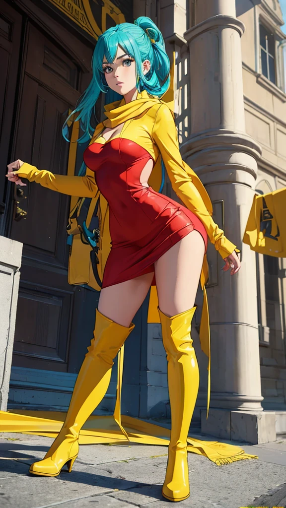 masterpiece, best quality, highres, , aqua Hair, medium hair, with short skirt and boots, hyperrealism, ((desde atras)), ((gluteos redondos levantados medianos)), seductive cosplayer, ((red tight dress, yellow scarf, long yellow boots))