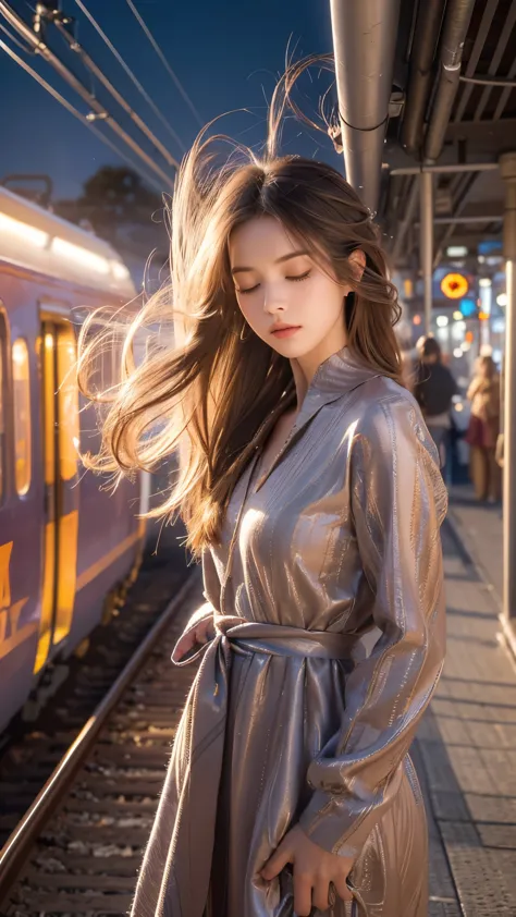 breathtaking a woman standing on a train track with her hair in the air and her eyes closed, looking down, alex grey, portrait p...