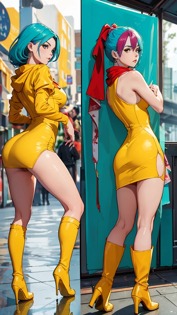 masterpiece, best quality, highres, , aqua Hair, medium hair, hyperrealism, ((desde atras)), ((gluteos redondos levantados medianos)), seductive cosplayer, ((with short red tight dress, yellow scarf, long yellow boots))