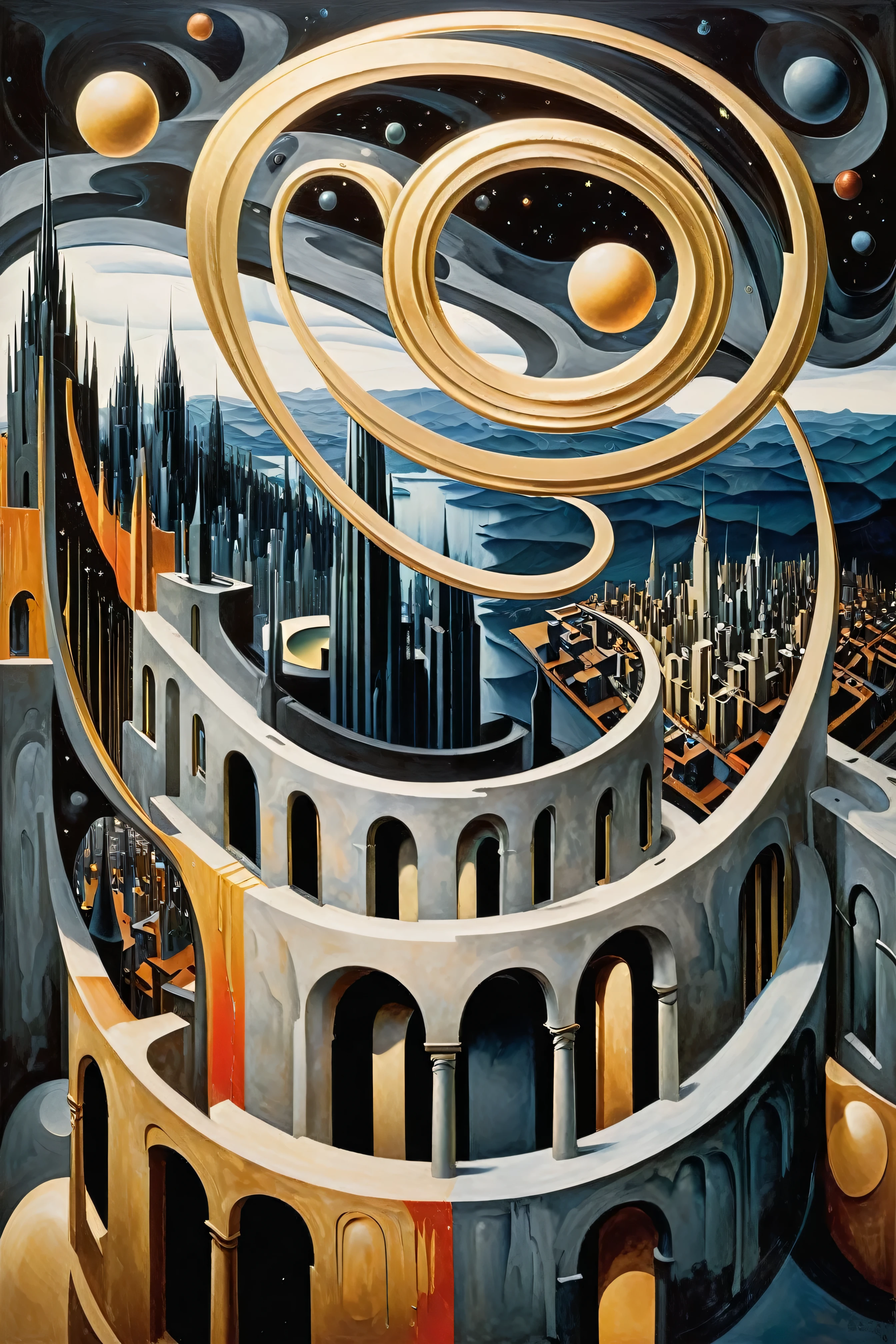 d3qck artstyle,style of Edvard Munch,art by escher,Gerald Brom,In a world where geometry reigns supreme, cityscapes reveal a riot of multicolored imagery. Skyscrapers, composed of interconnected shapes - triangles, circles, squares - each in a different vibrant color, stand in harmony amidst the contrast. Here, geometry comes to life, constantly changing and rearranging in a symphony of forms and shades. The sky is a canvas of mathematical perfection, with clouds forming fractal patterns that reflect the city below. This is a place where Euclidean and non-Euclidean geometries coexist, a utopia for those who find beauty in corners and edges, in a bright play of color and form. Edvard Munch style,dark,mood,fantasy style