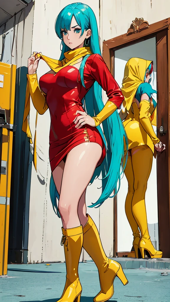 masterpiece, best quality, highres, , aqua Hair, medium hair, hyperrealism, ((desde atras)), ((gluteos redondos levantados medianos)), seductive cosplayer, ((with short red tight dress, yellow scarf, long yellow boots))