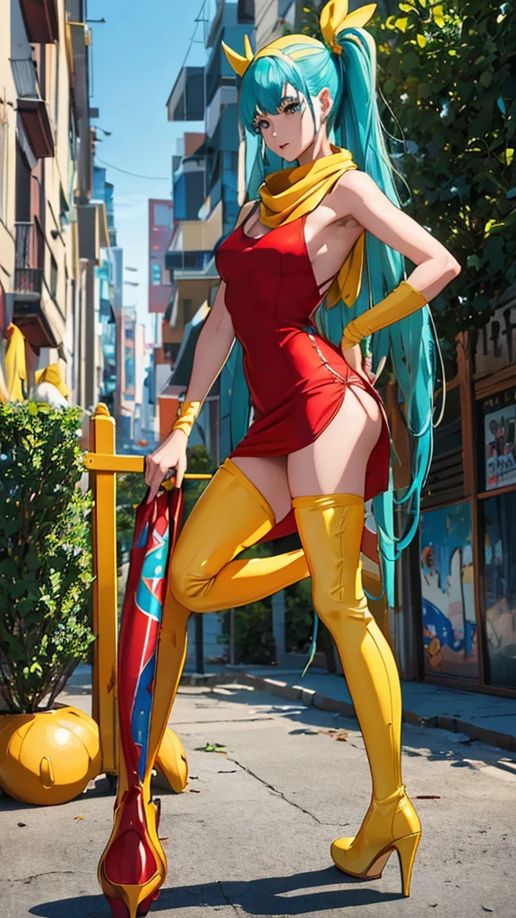 masterpiece, best quality, highres, , aqua Hair, medium hair, hyperrealism, ((desde atras)), ((gluteos redondos levantados medianos)), seductive cosplayer, ((with short red tight dress, yellow scarf, long yellow boots))