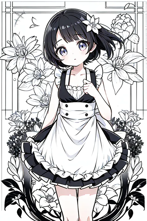 black and white stick figure 1 with river lily flowers in the background, girl in floral dress, anime characters (big) white apr...