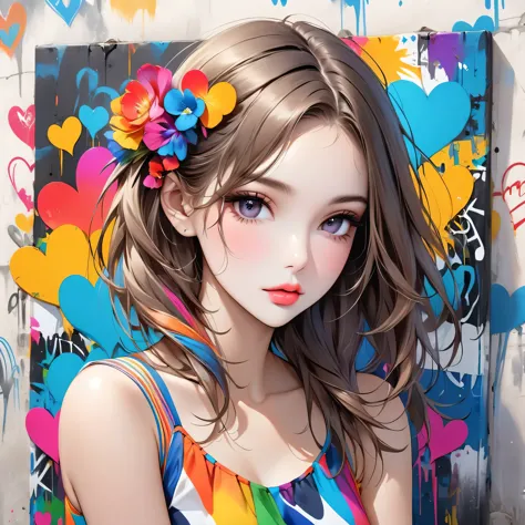 ultra-realism micho colorful style, simple line initialism，abstract art，(((the most beautiful girl of all time))), sweet face. l...