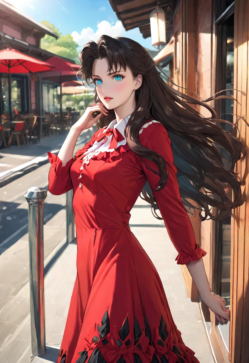 (masterpiece), best quality, expressive eyes, ultra detailed, intricate details, non explicit, ((mature woman, 1girl, looking at viewer, walking out of a restaurant, buttnaked, posing, wearing a white red quadrille dress, quadrille dress, hand on neck, shiny skin, tilting head, soft blush, happy in love, daylight, sunny, small breasts, (aqua eyes, black hair, rin tohsaka, long hair, side locks, parted bangs, blue eyes)