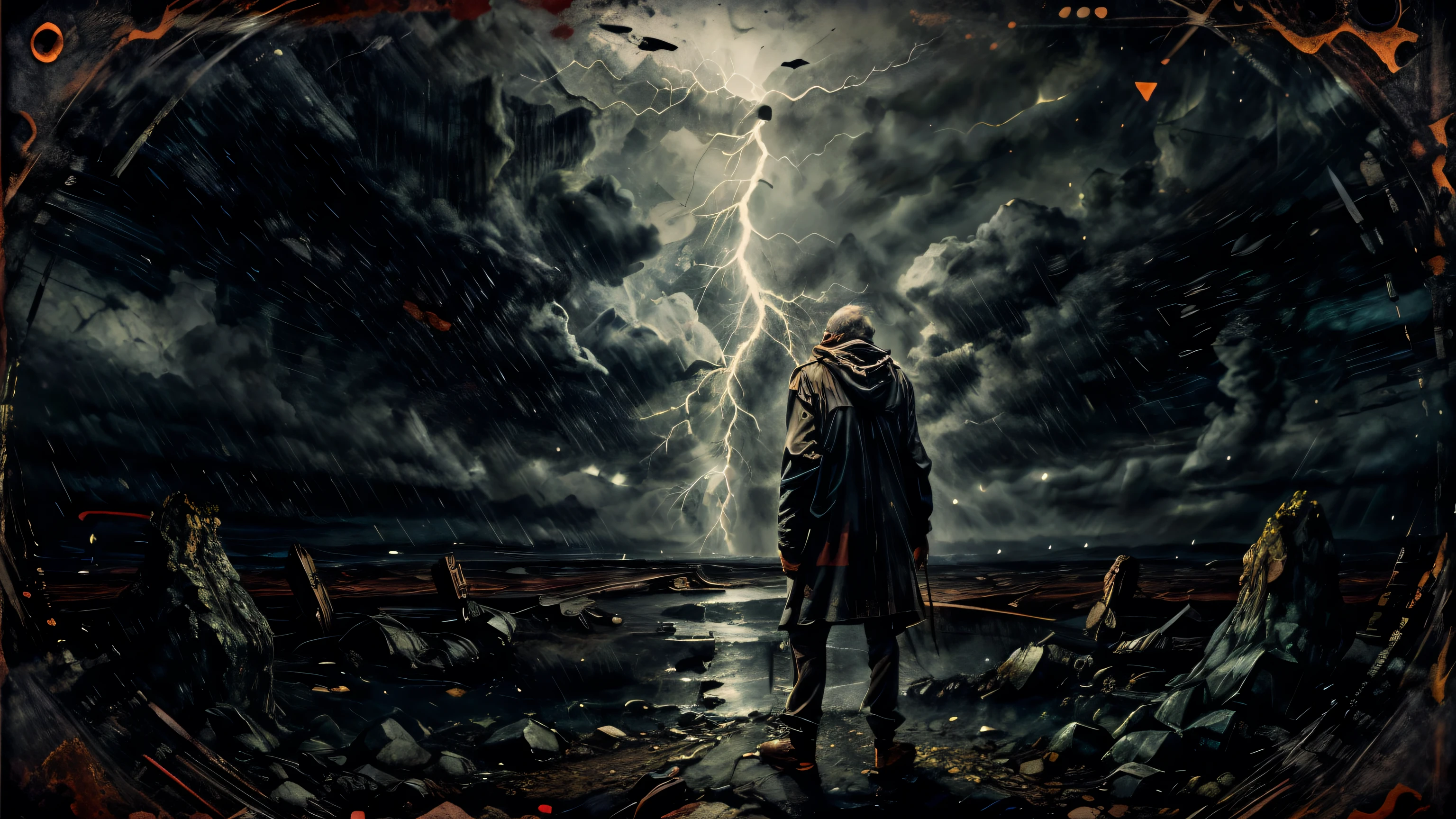 a sad old man in a dark rainy stormy night, a broken violin in his hands, dark cloudy sky, dramatic lighting, dramatic atmosphere, dramatic pose, cinematic, moody, atmospheric, chiaroscuro, (best quality,8k,highres,masterpiece:1.2),ultra-detailed,photorealistic,photo-realistic:1.37,dramatic lighting,dark shadows,dramatic colors,muted colors,dramatic contrast,dramatic composition,cinematic framing,cinematic perspective,emotive,melancholic,gloomy,moody,atmospheric,dramatic,dark,rain,storm,thunder,lightning,cloudy sky,old man,hooded man,smoking,broken violin,worn,weathered,distressed