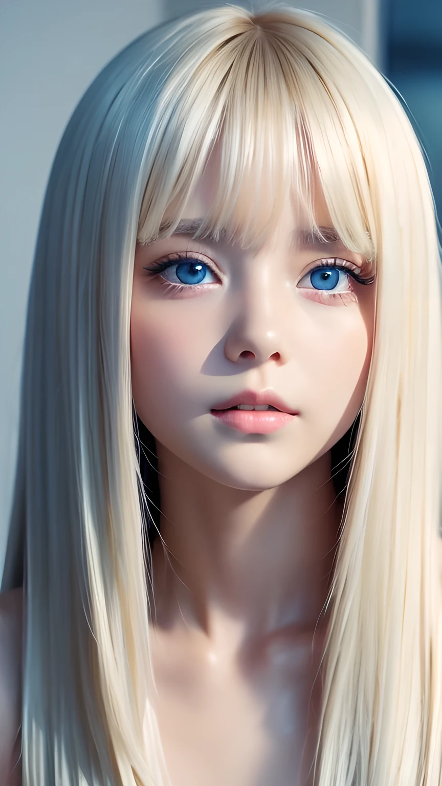 A perfectly beautiful face、Messy silky beautiful blonde hair、A beautiful 1 Scandinavian beauty、Very beautiful beautiful bright pale sky blue big eyes、Very long beautiful natural platinum blonde silky shiny hair、Long beautiful bangs、Very big eyes、Small Face Beauty、eyeliner、very white shiny skin、Gloss Face、Cheek gloss、Hair above the eyes、片Hair above the eyes、Hair between the eyes、