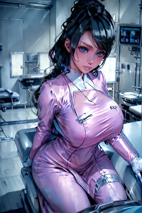 nurse uniform,hospital, latex nurse suit,nurses,busty,elbow gloves,labcoat,black hair woman,blue eyes , gigantic ,medical instru...