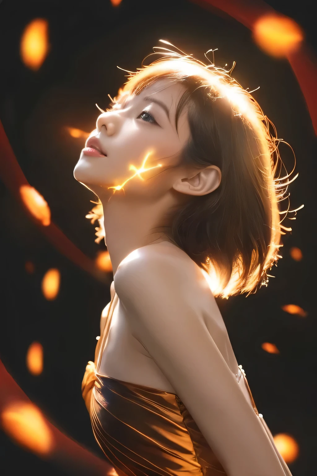 (A woman scoops up a pale, glowing energy body.:1.5), (Baby Face:1.2), (Highest quality:1.4), (Highly detailed and realistic skin:1.4), (Very detailedな顔), (Look up:1.4), Very detailed, (Flat Chest:1.3), (Skinny body type:1.3), (White Camisole Dress:1.4), smile, (Face close-up:1.3), (Glowing energy bodies of different sizes floating in the air:1.8), Behind him, countless shining balls of different sizes dance., (Black background:1.8), (Side angle:1.8), Smooth, Very detailed CG synthesis 8k wallpaper, High-resolution RAW color photos, Professional photography, Light, BackLight, dream-like, print