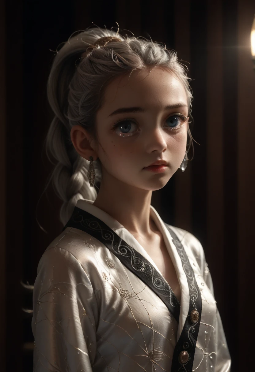 (best quality, masterpiece:1.2), ultra high res, realistic, front lighting, intricate detail, Exquisite details and textures, 1girl, solo ,(young), face highlight, upper body, detailed face, tear mole, white skin, silver hair, ponytail, braid hair, looking at viewer, big eyes, silk robe, (hollow pattern, white, silk), earrings, small breasts, slim body, luxury room, professional lighting, photon mapping, radiosity, physically-based rendering,