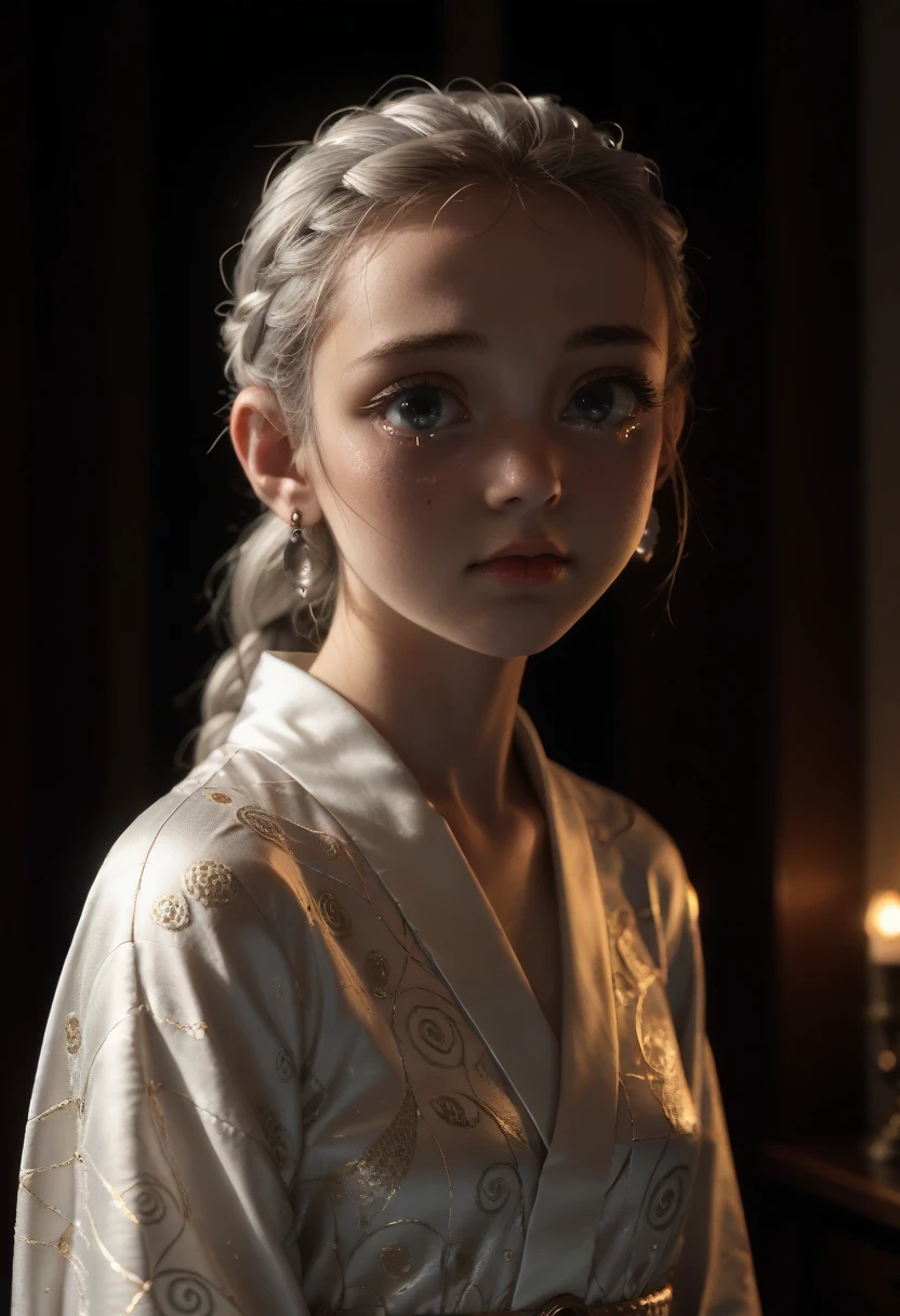 (best quality, masterpiece:1.2), ultra high res, realistic, front lighting, intricate detail, Exquisite details and textures, 1girl, solo ,(young), face highlight, upper body, detailed face, tear mole, white skin, silver hair, ponytail, braid hair, looking at viewer, big eyes, silk robe, (hollow pattern, white, silk), earrings, small breasts, slim body, luxury room, professional lighting, photon mapping, radiosity, physically-based rendering,