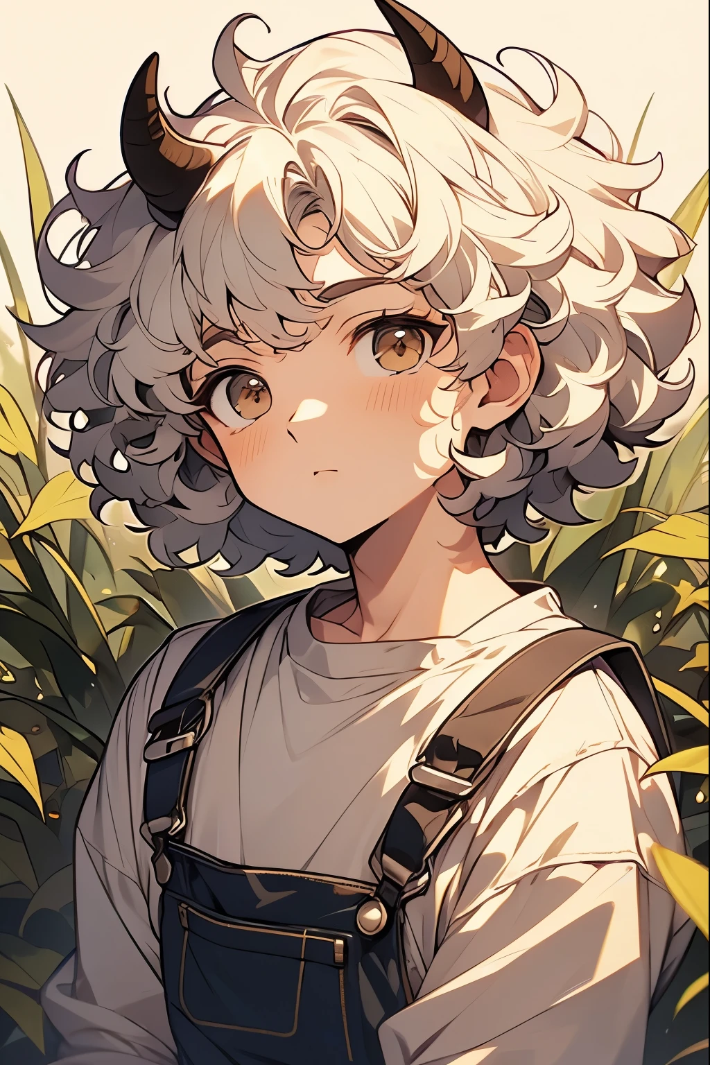 White-haired boy，Short curly hair，（There are short brown horns on the head：2），The curly hair on the top looks like poop，Wearing overalls，Delicate boy face，