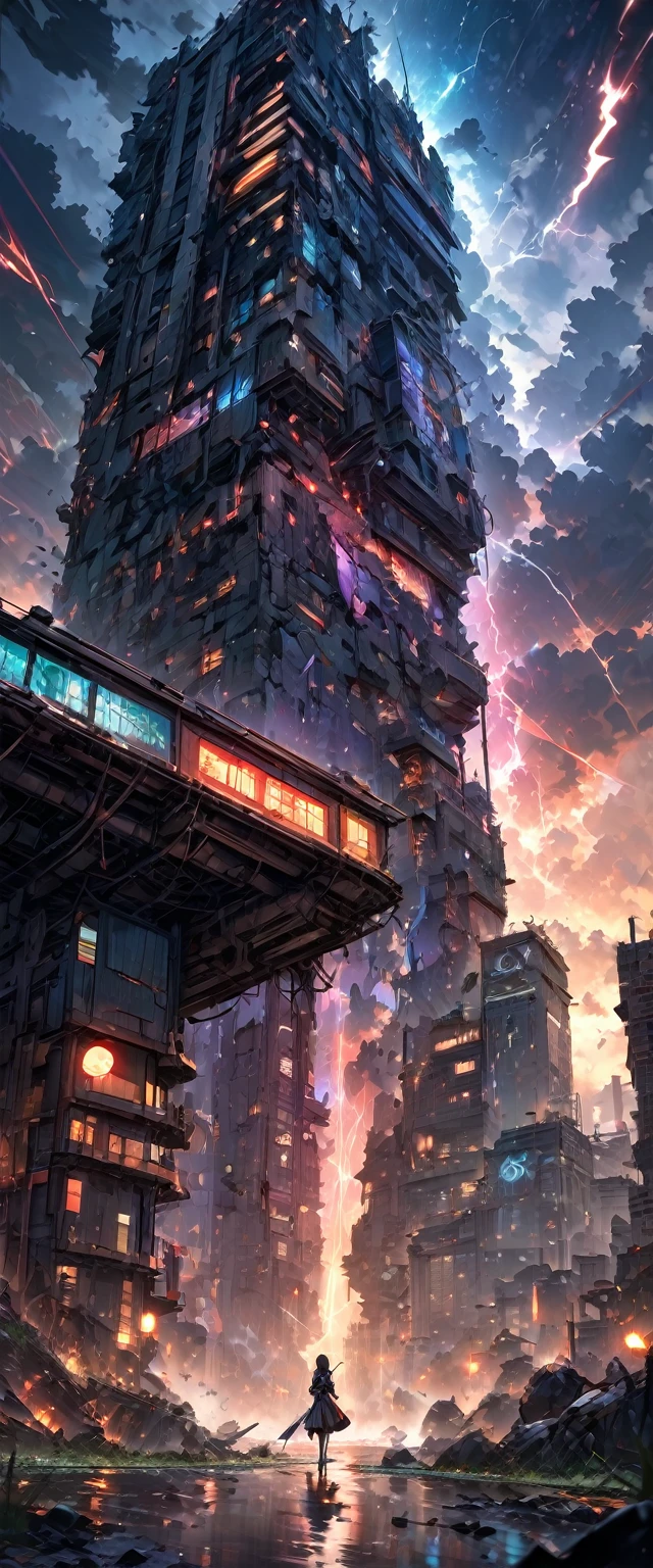 End of the World，史詩迷幻Sky, psychedelic Sunset, outdoor, Sky, storm clouds, thunder, lightning, water, no humans, cloudy_Sky, building, Star_(Sky), landscape, lens_Flare, Starry_Sky, reflection, Sunset, post apocalyptic City, post apocalyptic Cityscape, post apocalyptic Skyscraper, City_lamp, diffraction, Incredible color scheme, The perfect color scheme (perfect masterpiece,best quality, Best resolution:1.5)(Perfect CG 8K UHD unified wallpaper)油畫與water彩的融合, The fusion of paper-cutting and shadow puppetry, Monochromatic artworks everywhere, best quality, Ultra-fine, Delicate and dynamic, Green grass shrouded in mist, Create fantastic image effects