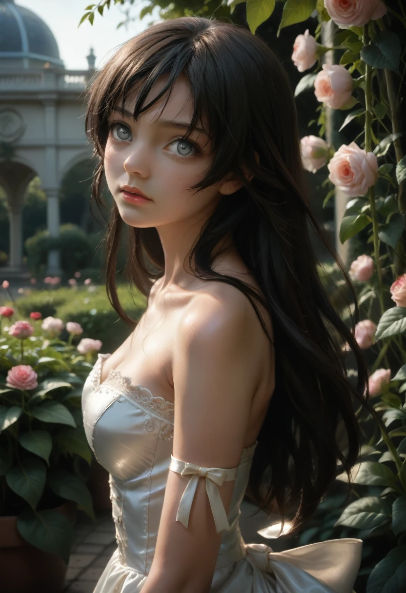 (Little girl: 1.5), lace, ribbon, Hanfu, (masterpiece, side light, delicate and beautiful gray eyes: 1.2), masterpiece, realistic, glowing eyes, shiny hair, dark hair, long hair, shiny skin, solo, awkward, strapless, delicate, beautiful, garden, flowers, fluttering petals,