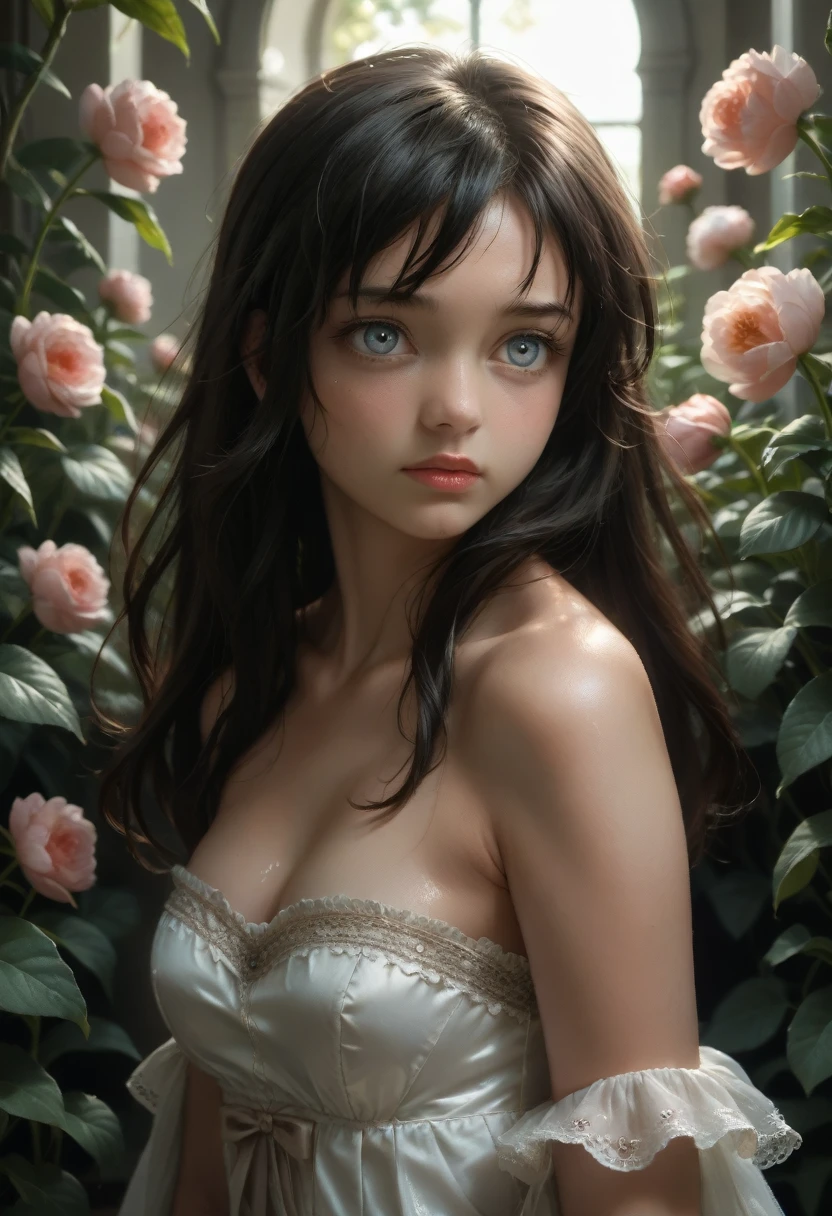 (Little girl: 1.5), lace, ribbon, Hanfu, (masterpiece, side light, delicate and beautiful gray eyes: 1.2), masterpiece, realistic, glowing eyes, shiny hair, dark hair, long hair, shiny skin, solo, awkward, strapless, delicate, beautiful, garden, flowers, fluttering petals,