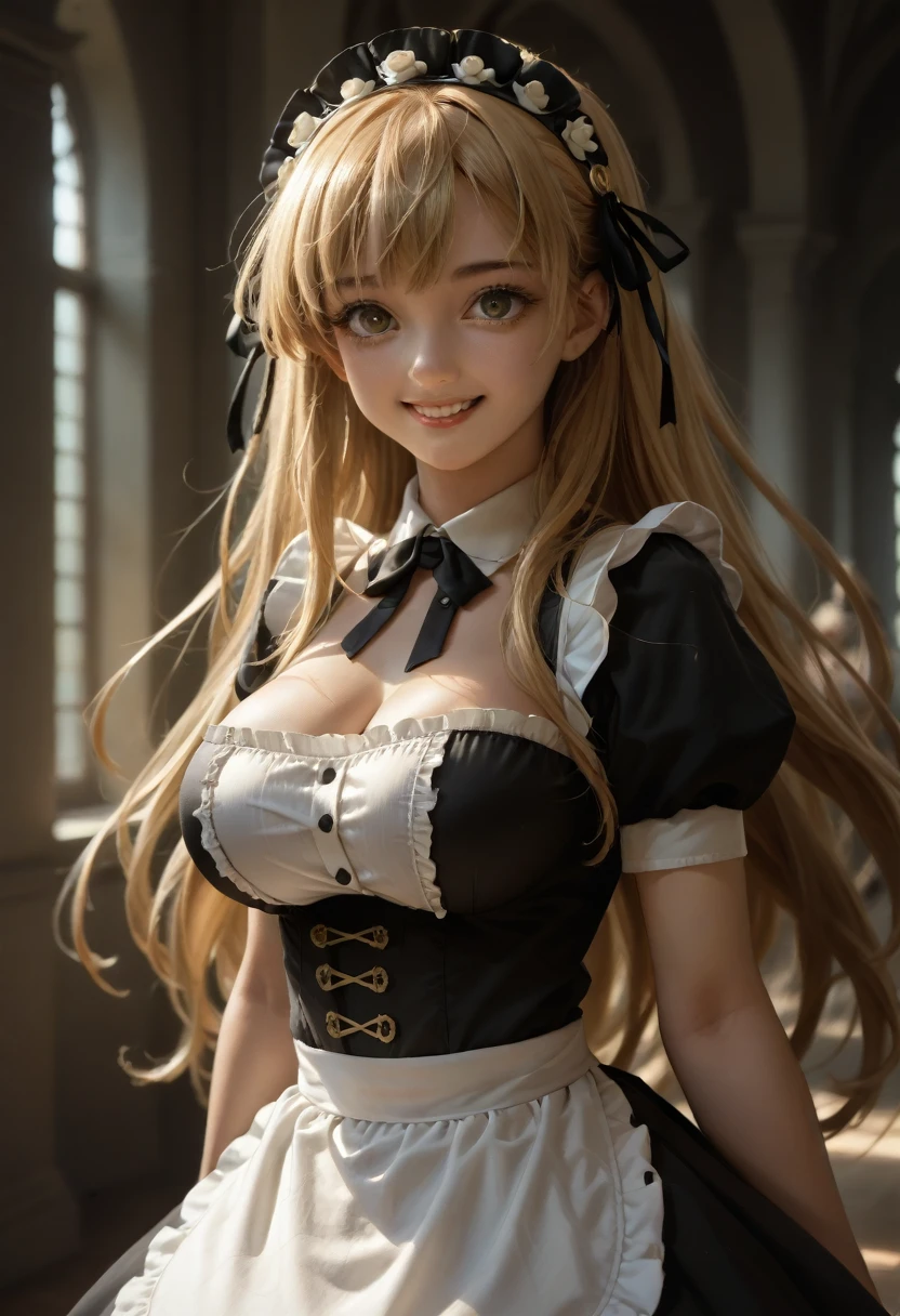 1 beautiful girl, big eyes, large breasts,  and slender, 8K, top quality, (very detailed head: 1.0), (very detailed face: 1.0), (very detailed hair: 1.0), maid clothes, very detailed official artwork, anime moe art style, clean detailed anime art, smile, golden hair, smooth long hair