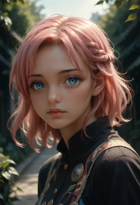 high res, masterpiece,micchon shikimori, pink hair, solo, 1girl,outside,deatailed background, detailed eyes, ((blue eyes))