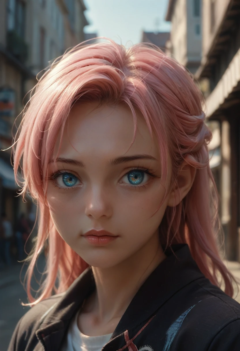 high res, masterpiece,Micchon Shikimori, pink hair, solo, 1girl,outside,deatailed background, detailed eyes, ((blue eyes))