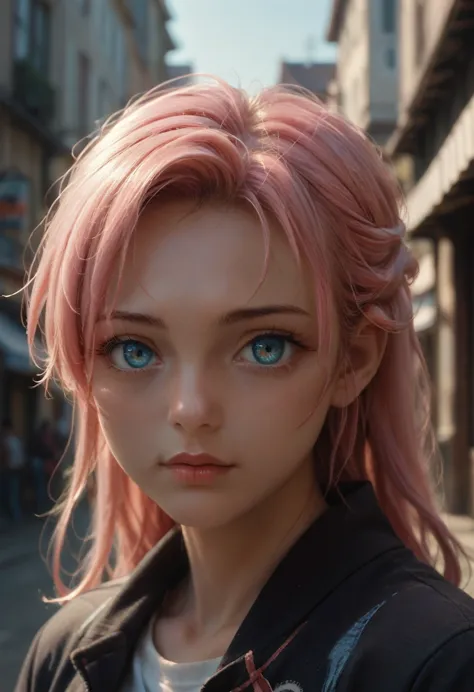 high res, masterpiece,micchon shikimori, pink hair, solo, 1girl,outside,deatailed background, detailed eyes, ((blue eyes))