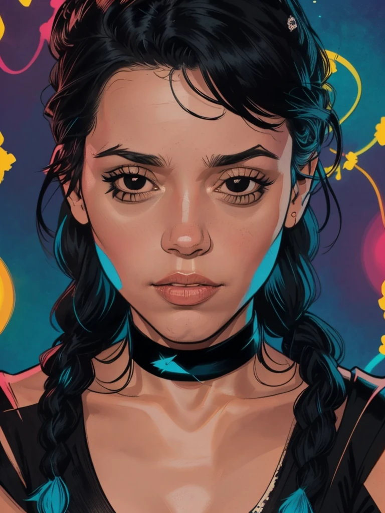 one girl, solo, (head close up:1.3), (black eyes:1.5), (black hair:1.3), (two cute braids:1.2), masterpiece, highly detailed, look at viewer, front view, (choker:1.4), (studio lights, fractal art, bright colors, colorful background, colors mashing, paint splatter, complimentary colors, neon, compassionate, limited palette:1.2)