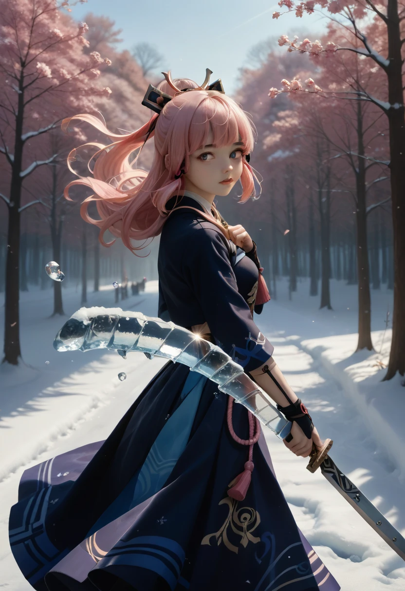 Extreme details, flawless, aerial view, like a work of art, anime girl holding ice and snow sword, pink hair and purple long skirt complement each other, gazing at the distant Ayaka Genshin, leading us into the world of Genshin.