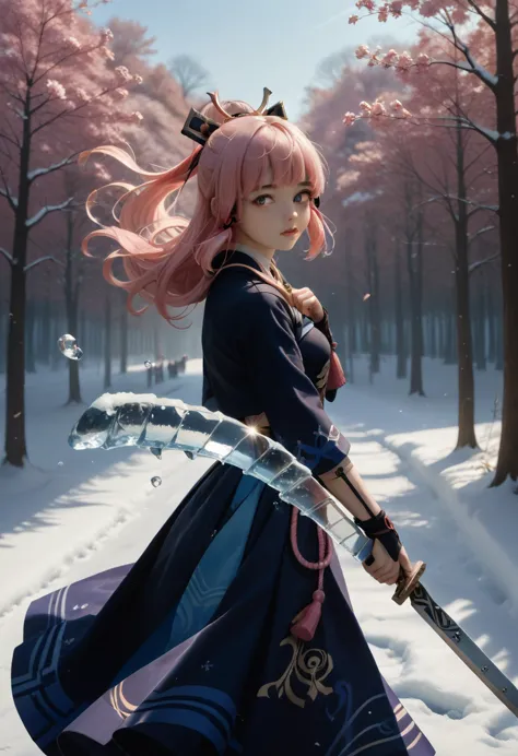 extreme details, flawless, aerial view, like a work of art, anime girl holding ice and snow sword, pink hair and purple long ski...