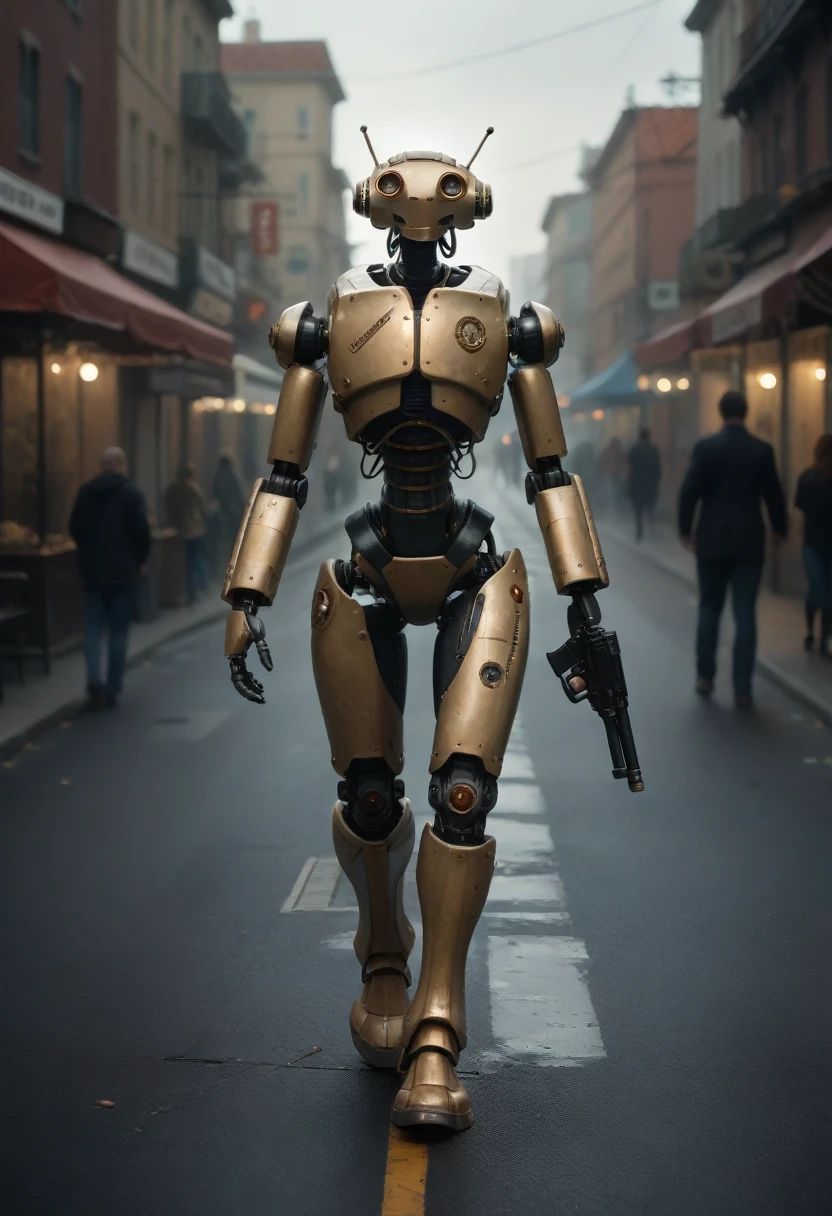 they are two robots walking down the street with guns, detailed cinematic photography, steampunk digital art, bigstudiovfx, still image from tv series, anthropomorphic female, featured on vimeo, yasuke 5 0 0 px models, by Robert Koehler, interconnected human lifeforms, shot on anamorphic lenses  