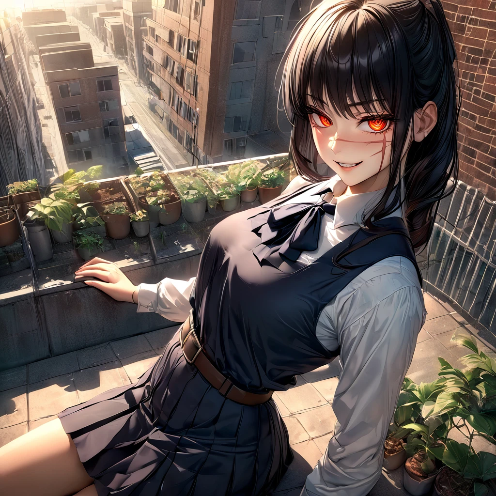 1girl, solo, csmyoru, scar on face, yellow / red eyes, ringed eyes, school uniform, pinafore dress, white shirt, ribbon, long sleeves, belt, sexy detailed face, looking at viewer, evil smile, on school roof, planters, benches, chain fence, natural lighting, blue sky, city, sunlight, beautiful lighting, shadows, ray traced, very aesthetic, best quality, 