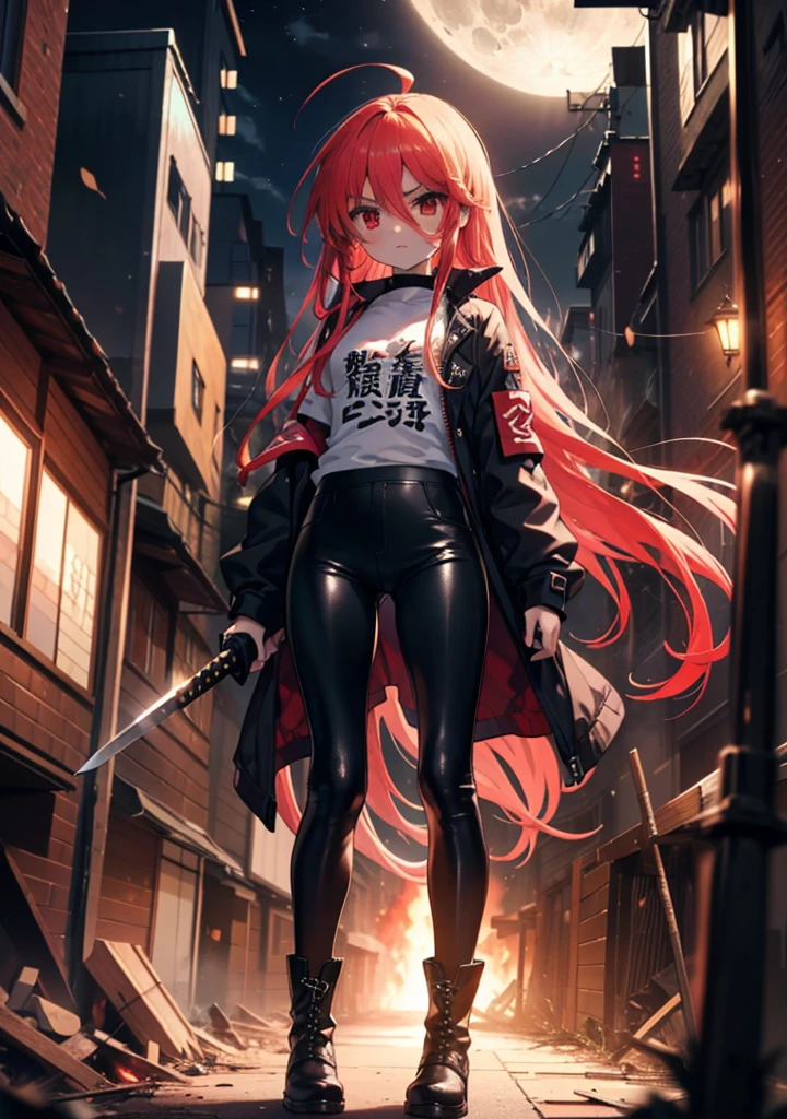 Shana,灼眼のShana,Long Hair, Redhead, Red eyes, Ahoge,Small breasts,Serious face,Black Rider Suit,Black T-shirt,Leather pants,boots,rubble,The town is collapsing,Explosive Flame,A long Japanese sword wrapped in flames:1 is stuck in the ground,night,moonlight,Are standing,whole bodyがイラストに入るように,　　　　　　　　　　　　　break outdoors, Building district,　　　　　　　　　　　　　　　break looking at viewer, whole body, 　　　　　　　　break (masterpiece:1.2), Highest quality, High resolution, unity 8k wallpaper, (shape:0.8), (Beautiful attention to detail:1.6), Highly detailed face, Perfect lighting, Extremely detailed CG, (Perfect hands, Perfect Anatomy),