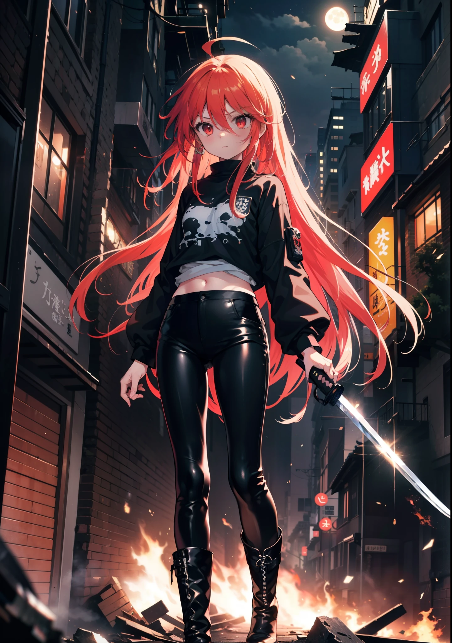 Shana,灼眼のShana,Long Hair, Redhead, Red eyes, Ahoge,Small breasts,Serious face,Black Rider Suit,Black T-shirt,Leather pants,boots,rubble,The town is collapsing,Explosive Flame,A long Japanese sword wrapped in flames:1 is stuck in the ground,night,moonlight,Are standing,whole bodyがイラストに入るように,　　　　　　　　　　　　　break outdoors, Building district,　　　　　　　　　　　　　　　break looking at viewer, whole body, 　　　　　　　　break (masterpiece:1.2), Highest quality, High resolution, unity 8k wallpaper, (shape:0.8), (Beautiful attention to detail:1.6), Highly detailed face, Perfect lighting, Extremely detailed CG, (Perfect hands, Perfect Anatomy),