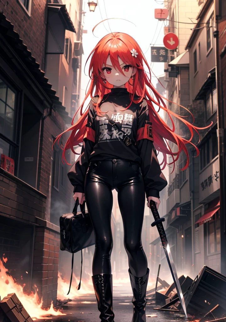 Shana,灼眼のShana,Long Hair, Redhead, Red eyes, Ahoge,Small breasts,Serious face,Black Rider Suit,Black T-shirt,Leather pants,boots,rubble,The town is collapsing,Explosive Flame,A long Japanese sword wrapped in flames:1 is stuck in the ground,night,moonlight,Are standing,whole bodyがイラストに入るように,　　　　　　　　　　　　　break outdoors, Building district,　　　　　　　　　　　　　　　break looking at viewer, whole body, 　　　　　　　　break (masterpiece:1.2), Highest quality, High resolution, unity 8k wallpaper, (shape:0.8), (Beautiful attention to detail:1.6), Highly detailed face, Perfect lighting, Extremely detailed CG, (Perfect hands, Perfect Anatomy),