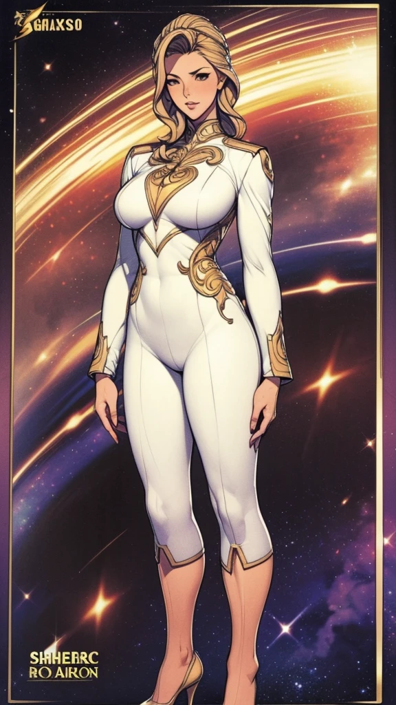 Full body picture：(masterpiece:1.2, best quality),(Very detailed),8K,wallpaper,1 female,Become a，Full body picture，SheRaQuiron character，High heel，Tall figure，Long legs，muscular,((Gold Metal Squadron Uniform)),(((Better Hands))),((Galaxy Flash in the background)),Random Hairstyle,Random Pause,(((Beautiful female hands,Detailed drawing of a hand)))