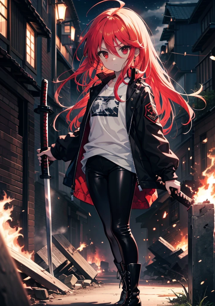 Shana,灼眼のShana,Long Hair, Redhead, Red eyes, Ahoge,Small breasts,Serious face,black rider jacket,Black T-shirt,Leather pants,boots,rubble,The town is collapsing,Explosive Flame,A long Japanese sword wrapped in flames:1 is stuck in the ground,night,moonlight,Are standing,whole bodyがイラストに入るように,　　　　　　　　　　　　　break outdoors, Building district,　　　　　　　　　　　　　　　break looking at viewer, whole body, 　　　　　　　　break (masterpiece:1.2), Highest quality, High resolution, unity 8k wallpaper, (shape:0.8), (Beautiful attention to detail:1.6), Highly detailed face, Perfect lighting, Extremely detailed CG, (Perfect hands, Perfect Anatomy),