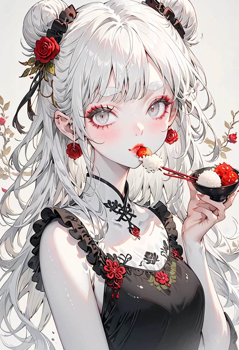 (Highest quality,Very detailed,High resolution:1.2),Thin and albino，Very white hair,Gray bangs，Twin bun hairstyle, She is wearing a large rose hair accessory., very_long white eyelashes, White eyebrows, White skin，Detailed lips, Cool look, Soft Skin, Shiny Hair,Exquisite makeup, Black swimsuit, In underwear, Eating rice balls, Portraiture