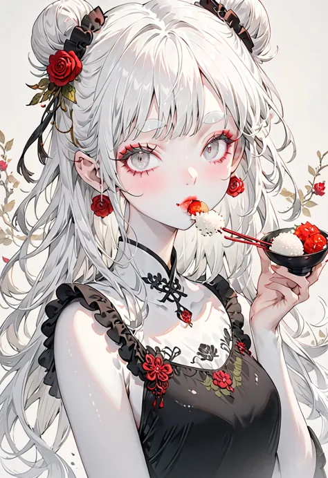 (highest quality,very detailed,high resolution:1.2),thin and albino，very white hair,gray bangs，twin bun hairstyle, she is wearin...