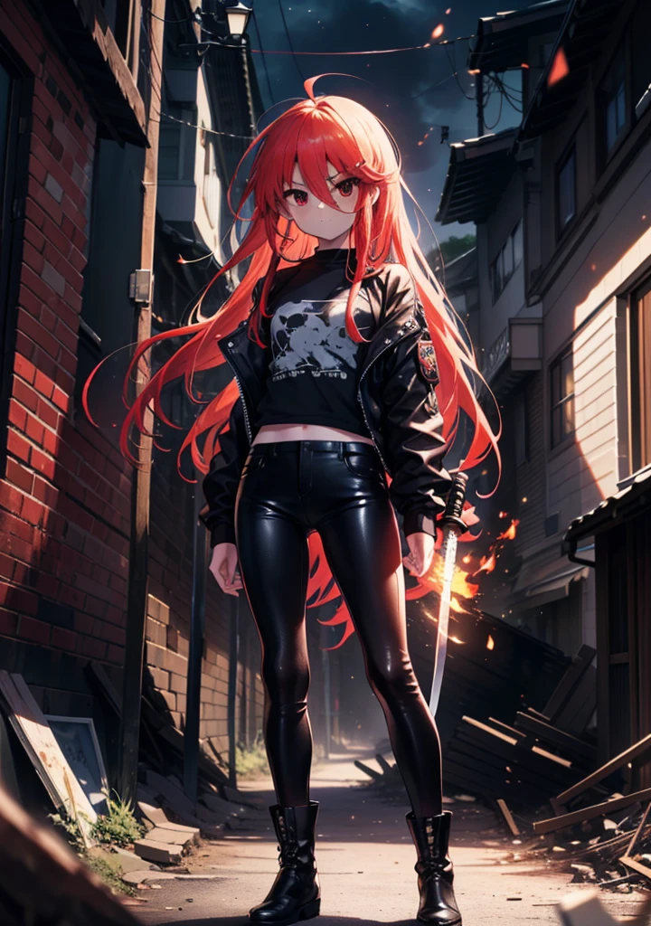 Shana,灼眼のShana,Long Hair, Redhead, Red eyes, Ahoge,Small breasts,Serious face,black rider jacket,Black T-shirt,Leather pants,boots,rubble,The town is collapsing,Explosive Flame,A long Japanese sword wrapped in flames:1 is stuck in the ground,night,moonlight,Are standing,whole bodyがイラストに入るように,　　　　　　　　　　　　　break outdoors, Building district,　　　　　　　　　　　　　　　break looking at viewer, whole body, 　　　　　　　　break (masterpiece:1.2), Highest quality, High resolution, unity 8k wallpaper, (shape:0.8), (Beautiful attention to detail:1.6), Highly detailed face, Perfect lighting, Extremely detailed CG, (Perfect hands, Perfect Anatomy),