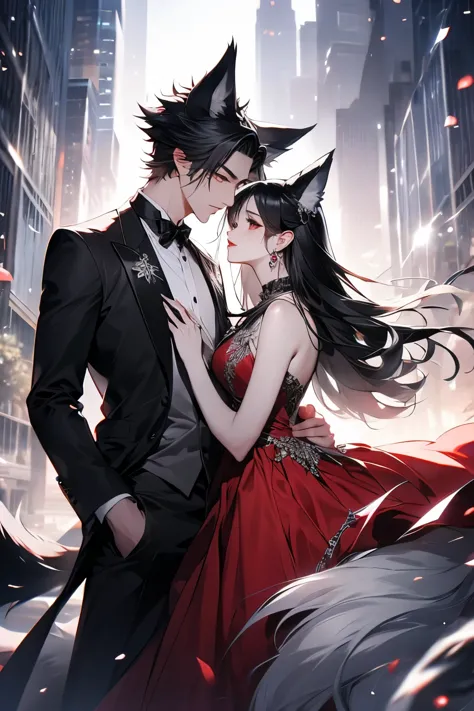 silver black hair male，suit，wolf ears，beautiful woman in a red dress，black hair，there is black and white hair on the skirt，wolf ...