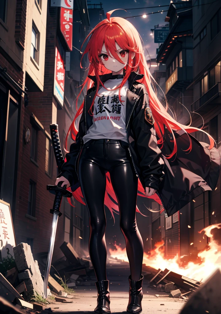 Shana,灼眼のShana,Long Hair, Redhead, Red eyes, Ahoge,Small breasts,Serious face,black rider jacket,Black T-shirt,Leather pants,boots,rubble,The town is collapsing,Explosive Flame,A long Japanese sword wrapped in flames:1 is stuck in the ground,night,moonlight,Are standing,whole bodyがイラストに入るように,　　　　　　　　　　　　　break outdoors, Building district,　　　　　　　　　　　　　　　break looking at viewer, whole body, 　　　　　　　　break (masterpiece:1.2), Highest quality, High resolution, unity 8k wallpaper, (shape:0.8), (Beautiful attention to detail:1.6), Highly detailed face, Perfect lighting, Extremely detailed CG, (Perfect hands, Perfect Anatomy),