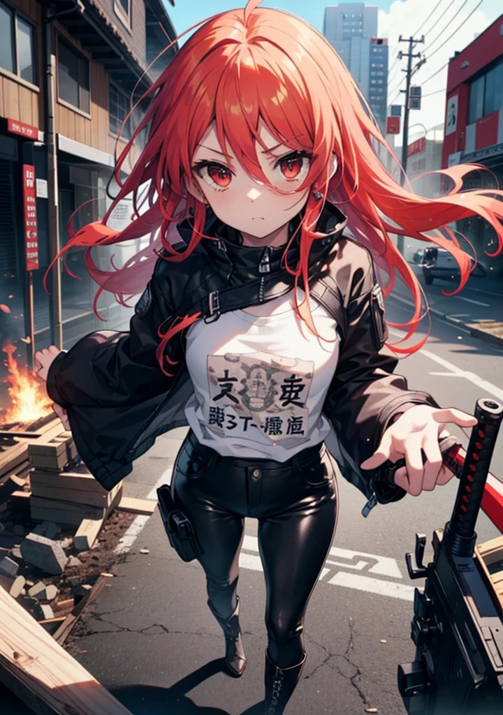 Shana,灼眼のShana,Long Hair, Redhead, Red eyes, Ahoge,Small breasts,Serious face,black rider jacket,Black T-shirt,Leather pants,boots,rubble,The town is collapsing,Explosive Flame,A long Japanese sword wrapped in flames:1 is stuck in the ground,night,moonlight,Are standing,whole bodyがイラストに入るように,　　　　　　　　　　　　　break outdoors, Building district,　　　　　　　　　　　　　　　break looking at viewer, whole body, 　　　　　　　　break (masterpiece:1.2), Highest quality, High resolution, unity 8k wallpaper, (shape:0.8), (Beautiful attention to detail:1.6), Highly detailed face, Perfect lighting, Extremely detailed CG, (Perfect hands, Perfect Anatomy),