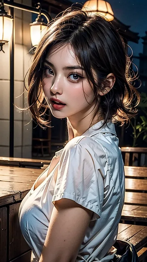 ((beautiful face:1.4)),  half body,short hair, outdoors, fair skin, messy hair, open mouth, japanese woman, so cute, soft and fa...