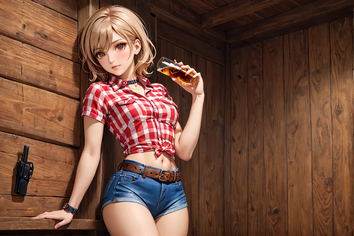 (((1 female:2.0))),(((NSFW:0.5))),(((Wearing denim hot pants:1.5))),(((Wear a red checked short-sleeved collared shirt:1.5))),(((Wear a gun belt with a holster:1.8))),((Put the watch on your wrist:1.5))),(((Exposed thin inner thighs))),(((Small breasts:1.5))),(((Navel exposed:1.5))),(((Bare arms))),(((Put your boots on:1.5))),((Blushed:1.8)), Beautiful detailed, Very detailed目と顔, 緻密でBeautiful Eyes, Very detailed, High resolution, Highest quality, masterpiece, Very detailed, 8k wallpaper, wonderful, finely, Highest quality,(Standing in front of a wooden wall),Beautiful Eyes,((Engage your audience:1.2))),((Drinking whiskey:1.0)),(((Get really drunk:1.6)))