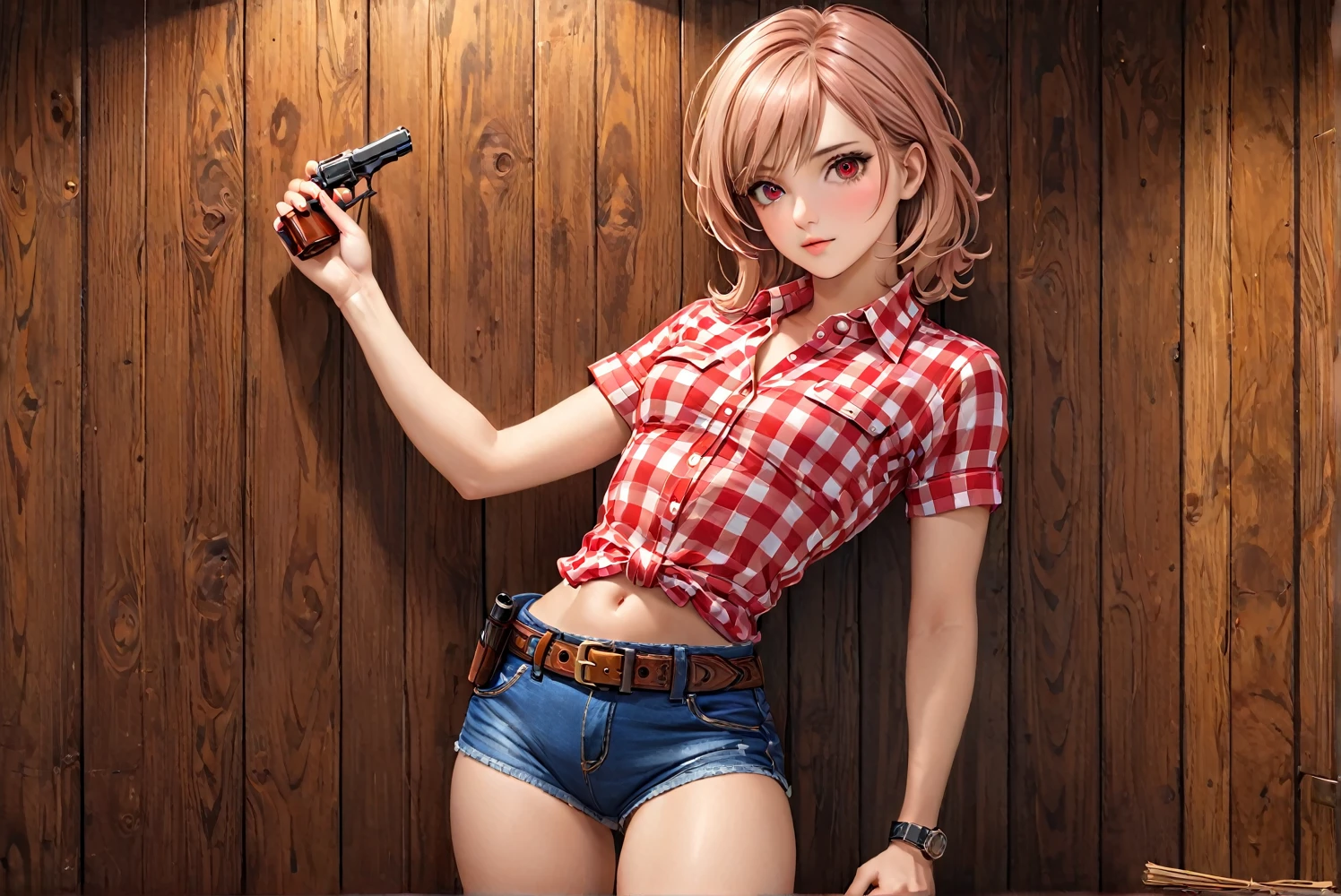 (((1 female:2.0))),(((NSFW:0.5))),(((Wearing denim hot pants:1.5))),(((Wear a red checked short-sleeved collared shirt:1.5))),(((Wear a gun belt with a holster:1.8))),((Put the watch on your wrist:1.5))),(((Exposed thin inner thighs))),(((Small breasts:1.5))),(((Navel exposed:1.5))),(((Bare arms))),(((Put your boots on:1.5))),((Blushed:1.8)), Beautiful detailed, Very detailed目と顔, 緻密でBeautiful Eyes, Very detailed, High resolution, Highest quality, masterpiece, Very detailed, 8k wallpaper, wonderful, finely, Highest quality,(Standing in front of a wooden wall),Beautiful Eyes,((Engage your audience:1.2))),((Drinking whiskey:1.0)),(((Get really drunk:1.6)))