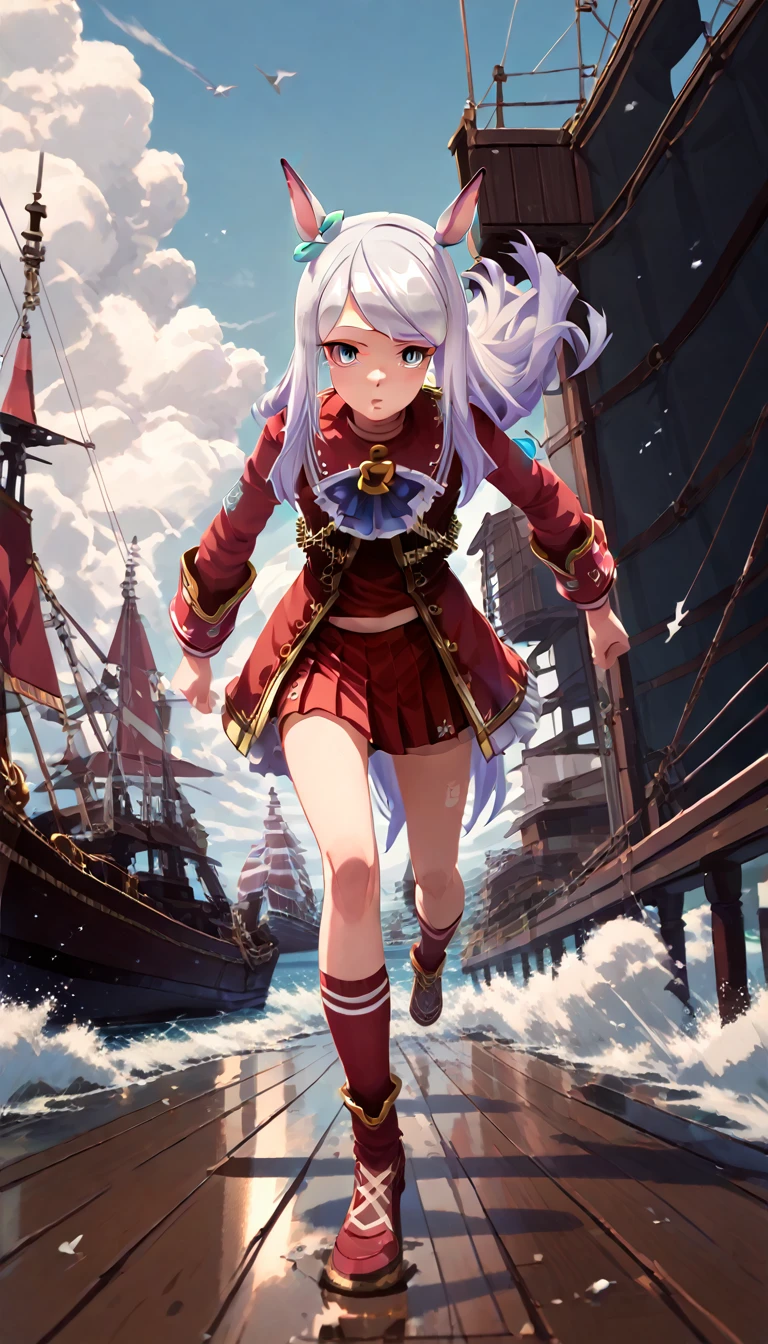 masterpiece,Highest quality,high resolution,gold_ship_umamusume,White Hair,Red clothes,Run in a forward-leaning position,Running on the lawn,Wear the Wind,Dark Days