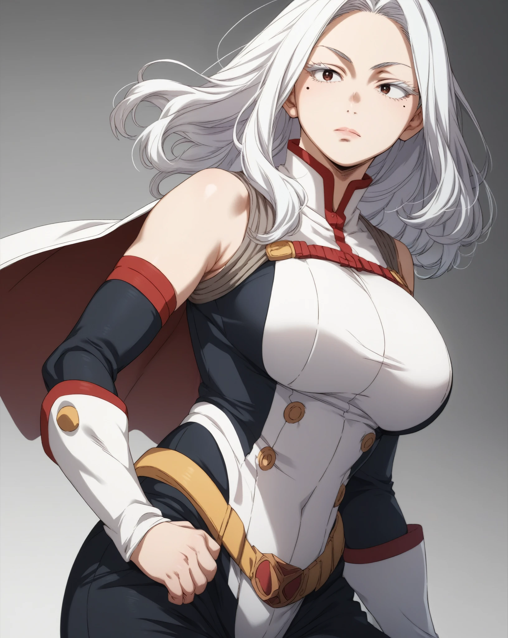 score_9, score_8_up, score_7_up, score_6_up, score_5_up, score_4_up, source_manga, rating_safe, by Kohei Horikoshi, 1girl, body shot, pale skin, beauty mark under one eye, curious expression, large eyelashes, hero costume, big breasts, black pants, white hair,
