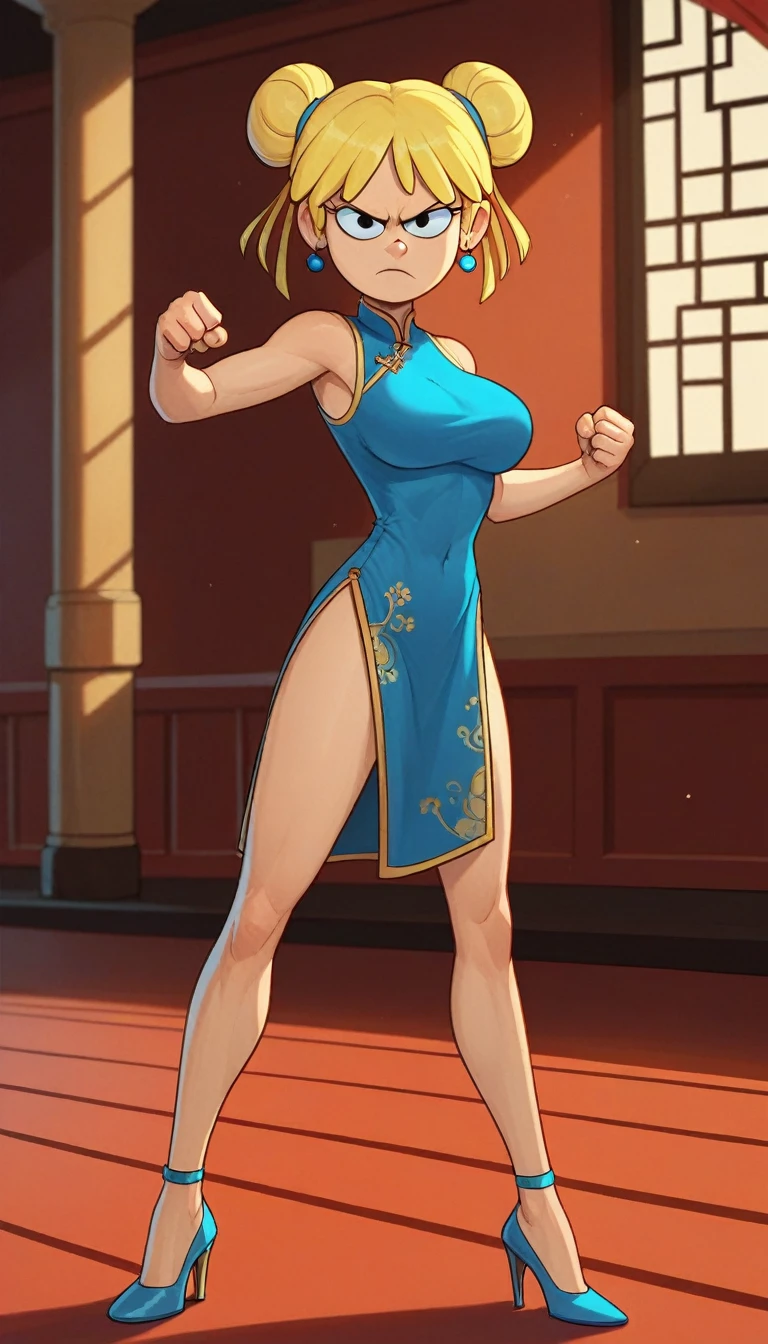 lori loud, 1girl, solo, 24yo girl, blue cheongsam,  inside of a chinese style temple, large breasts, looking at viewer, blonde hair, short hair, two hair buns , hands  score_9, score_8_up, score_7_up, high heels,teep fighting stance,martial arts