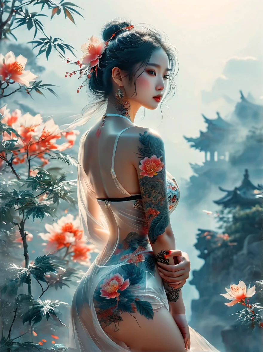 Beautiful Chinese girl，sketch，Minimalism，pencil drawing，Clear lines，(Double Exposure:1.4)，Exquisite decoration，Kuindzhi，(Upper thigh shot:1.3)，Full body shot，Low angle shot，(Tattoo:1.3)，Tyndall effect，Soft Focus，4K，hdr， [hdr：0.9]，Acid Graphics，Plant 1girl，Fantasy Artwork，[Detailed and attractive face：0.33]，[Coat Dress：0.15]，[K-pop：0.417]，masterpiece，(波尔卡Tattoo:1.4)，(Translucent luminous body:1.5)，Minimalism设计，Silhouette outline and beauty woman and glowing，Shadow World，错综复杂的艺术品masterpiece，(Suspenders:0.6)