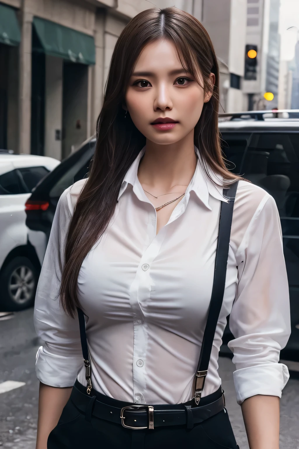 a woman in a suit, belt, hands behind back, sweating, suspenders, black pants, sexly, large breasts, see-through clothing, rain, detective, office worker, white button-up shirt, (best quality,4K,8k,highres,masterpiece:1.2),ultra-detailed,(realistic,photorealistic,photo-realistic:1.37),hyper-detailed,highly detailed face and body, Slender　thin　suspenders　Moderate breasts　See-through shirt　Nipples　holster　chain　Pistol　Armament　criminal　Female criminal　knife