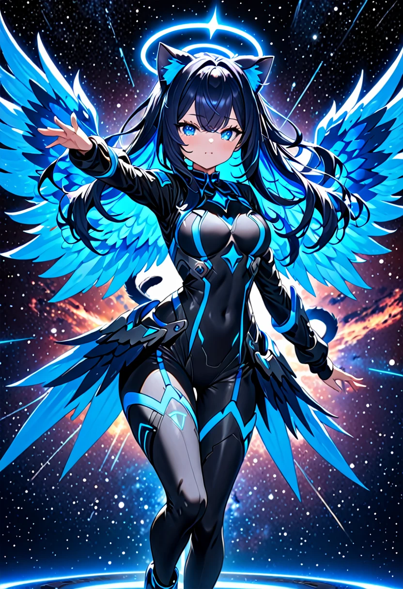 8K Ultra High-Quality, ultra-detailed, High quality, Dark Blue hair, Neon Blue Inner layer hair, Long hair, Cat ears, Neon blue wings, Neon Blue Halo, full body, space background, dominance pose, floating, close up